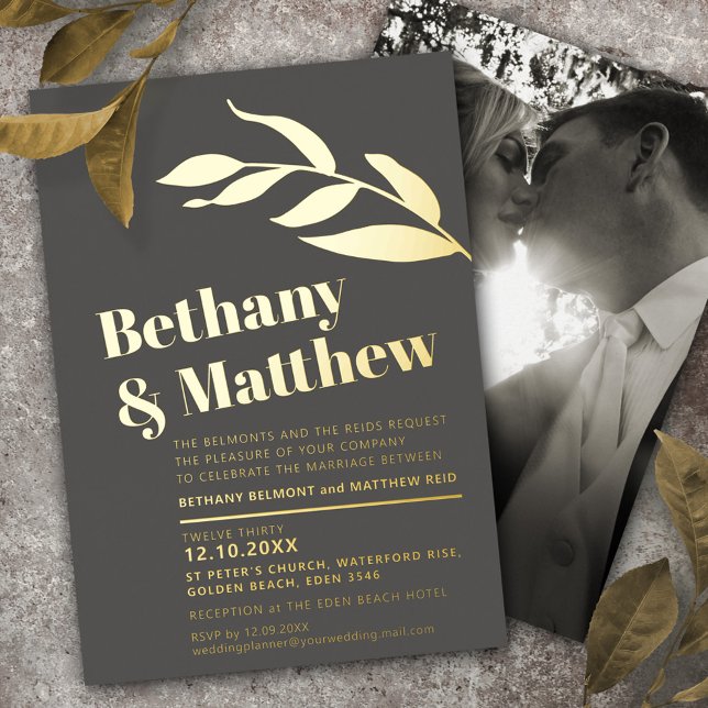 Minimalist gold foil leaves on grey brown wedding (Creator Uploaded)