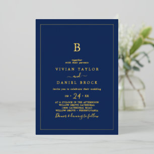Minimalist Gold Foil Navy Blue Monogram Wedding