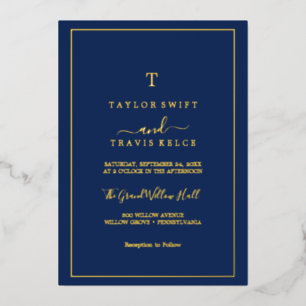 Minimalist Gold Foil Navy Blue Monogram Wedding