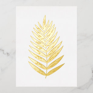 Minimalist Gold Foil White Fern Drawing Postcard