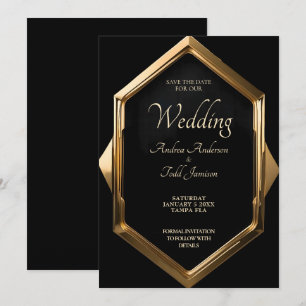 Minimalist gold frame against black background  save the date