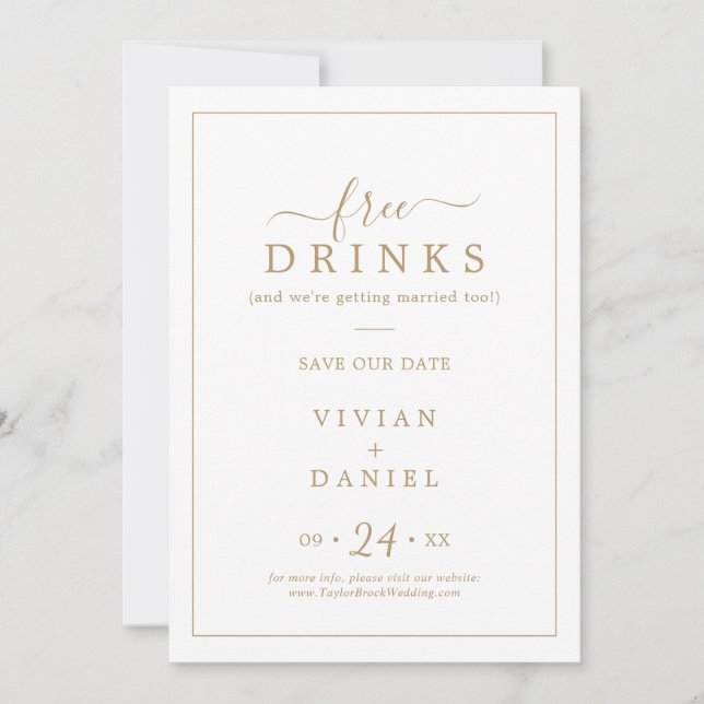 Minimalist Gold Free Drinks Save the Date (Front)
