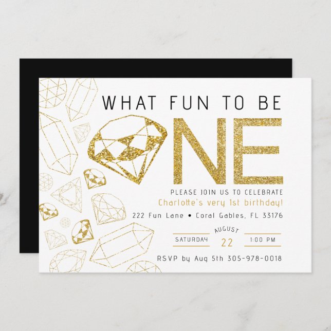 Minimalist Gold Gem First Birthday Party Invite (Front/Back)