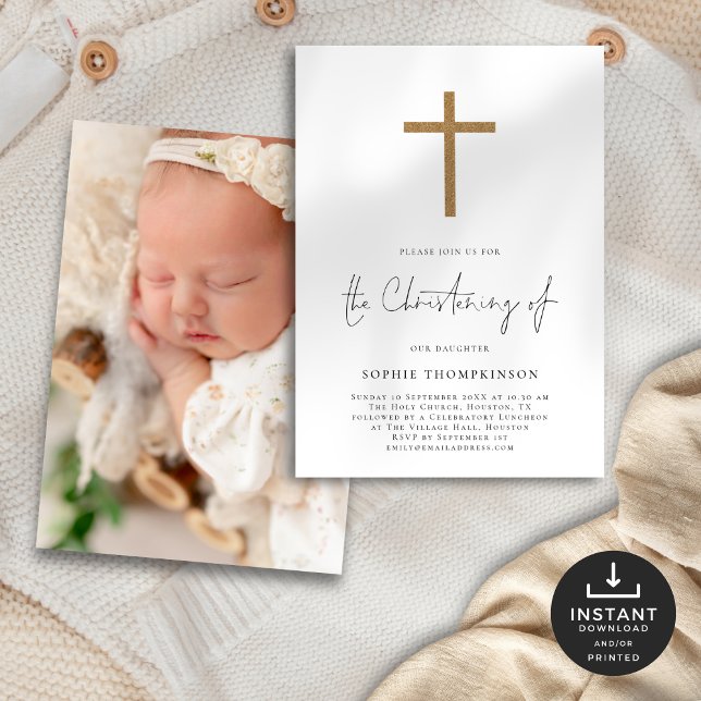 Minimalist Gold Glitter Cross Photo Christening  Invitation (Creator Uploaded)
