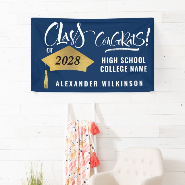 Minimalist Gold Grad Cap Stylish Script Graduation Banner (Insitu)