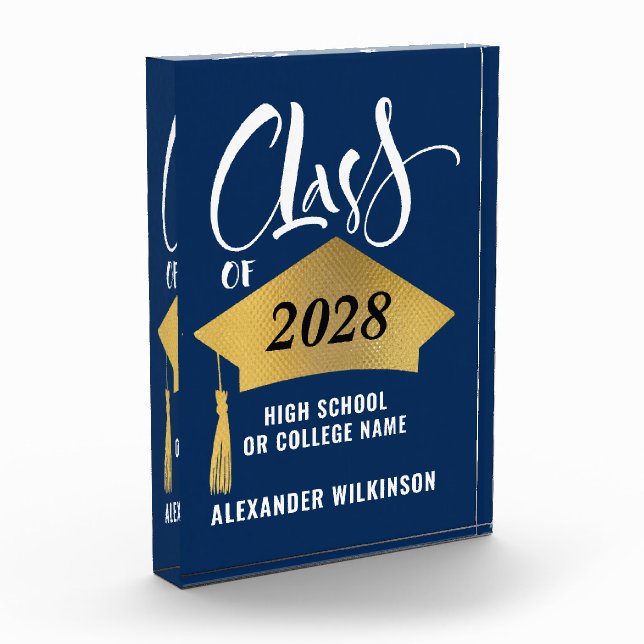 Minimalist Gold Grad Cap Stylish Script Graduation Photo Block (Left)