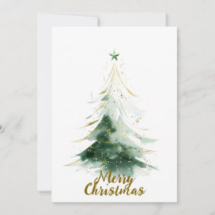 Minimalist Gold & Green Watercolor Christmas Tree Holiday Card