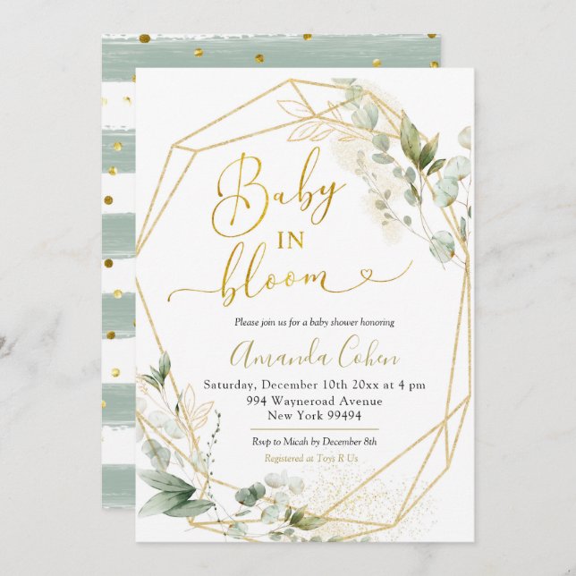 Minimalist Gold Greenery Geometric Baby in Bloom Invitation (Front/Back)