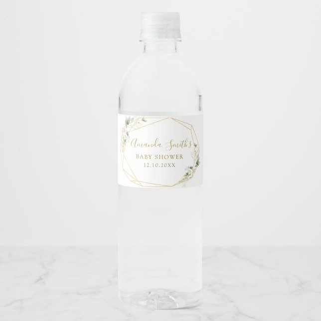 Minimalist Gold Greenery Geometric Baby in Bloom Water Bottle Label (Front)