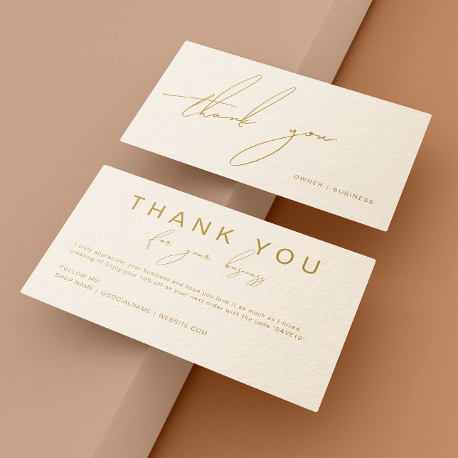 Minimalist Gold Handwritten Script Beige Thank You Business Card (Creator Uploaded)