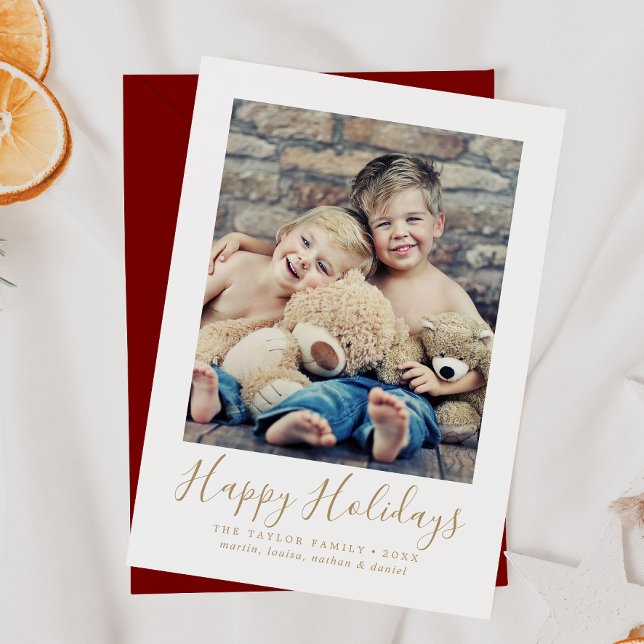 Minimalist Gold Happy Holidays Portrait Photo Holiday Card (Creator Uploaded)