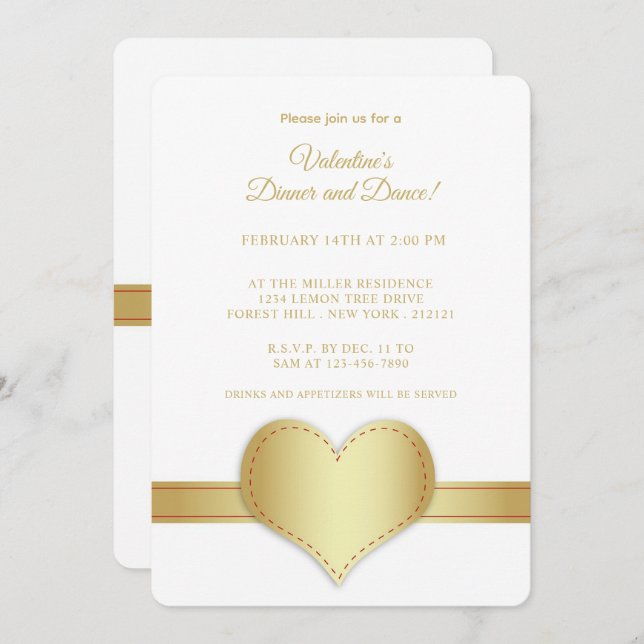 Minimalist Gold Heart Gold Strip Valentine's Day  Invitation (Front/Back)