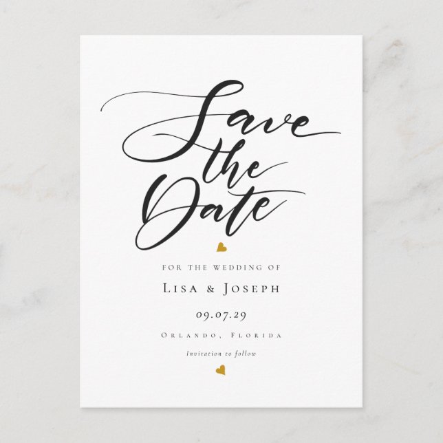 Minimalist Gold Hearts Script Save the Date Postcard (Front)