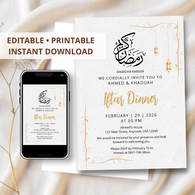Minimalist Gold Lanterns & Vine Iftar Dinner Invitation (Creator Uploaded)