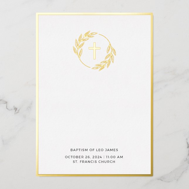 Minimalist Gold Laurel Cross Baptism Invitation (Front)