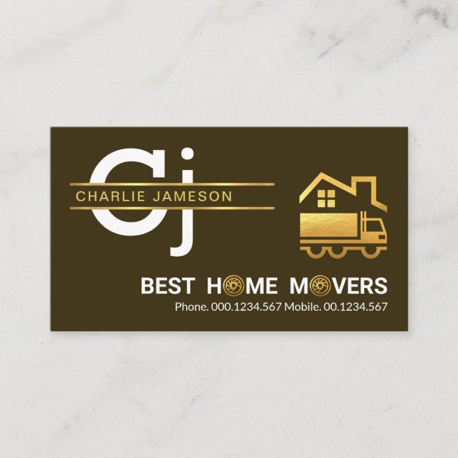 Minimalist Gold Line Monogram Home Moving Business Card (Front)