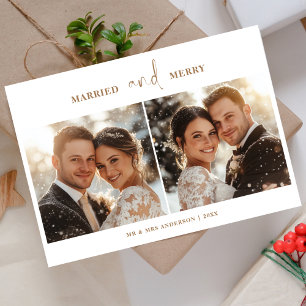Minimalist Gold Married and Merry Christmas Photo Holiday Card