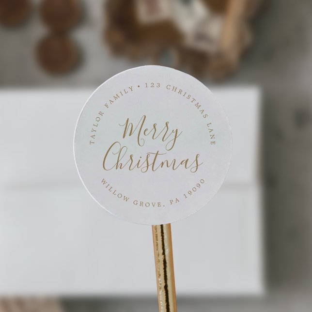 Minimalist Gold Merry Christmas Circular Address Classic Round Sticker (Creator Uploaded)