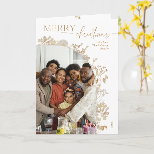 Minimalist Gold Merry Christmas Photo  Card (Yellow Flower)