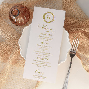 Minimalist Gold Monogram Script Wedding Menu Card