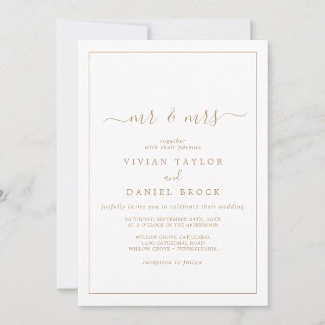 Minimalist Gold Mr and Mrs Wedding Invitation (Front)