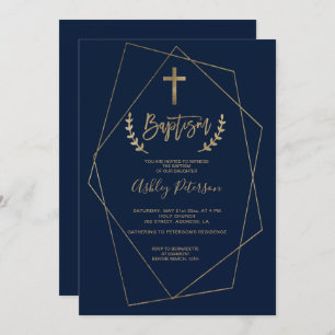 Minimalist gold navy blue geometric baptism invitation