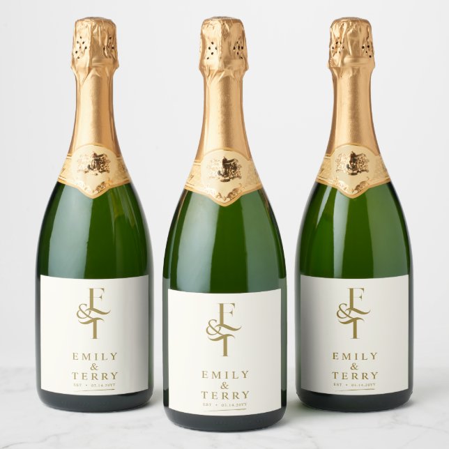 Minimalist Gold Personalised Chic Wedding Monogram Sparkling Wine Label (Bottles)