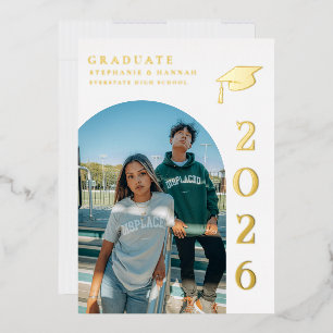 Minimalist Gold Photo Twin Graduation Invitation