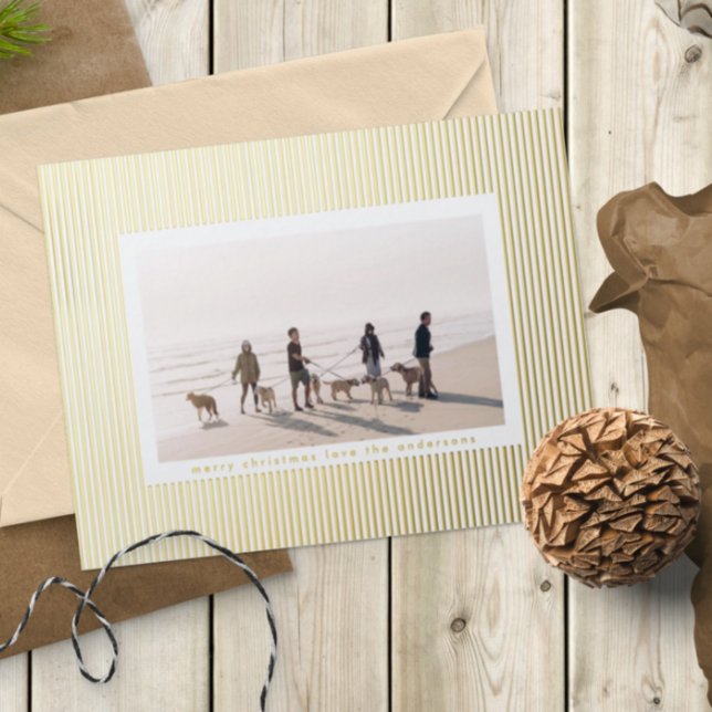 Minimalist Gold Pressed Pin Stripe Christmas Photo Foil Holiday Card (Creator Uploaded)
