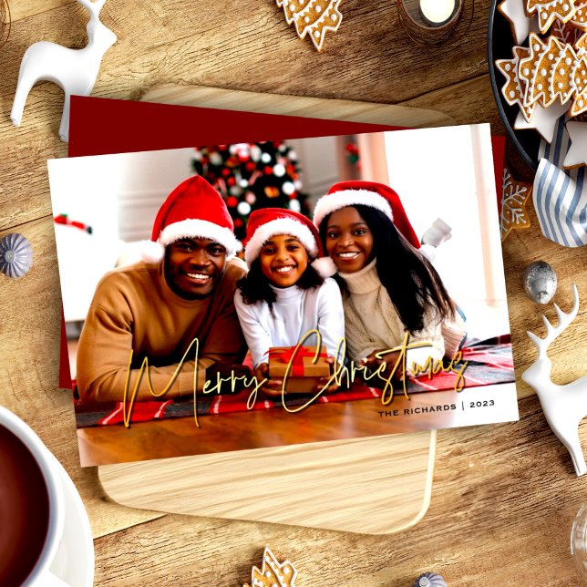 Minimalist Gold & Red Merry Christmas Photo Holiday Card (Creator Uploaded)
