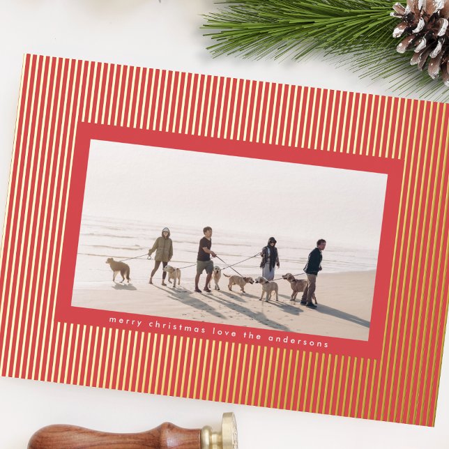 Minimalist Gold & Red Pin Stripe Christmas Photo Foil Holiday Card (Creator Uploaded)