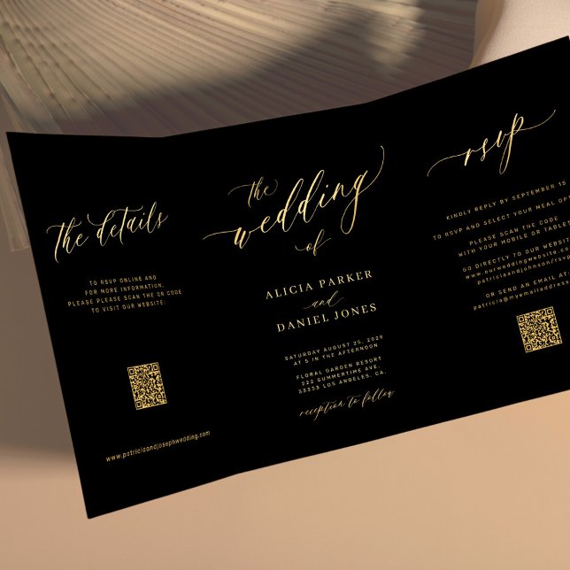 Minimalist gold script all in one black wedding Tri-Fold invitation (Creator Uploaded)
