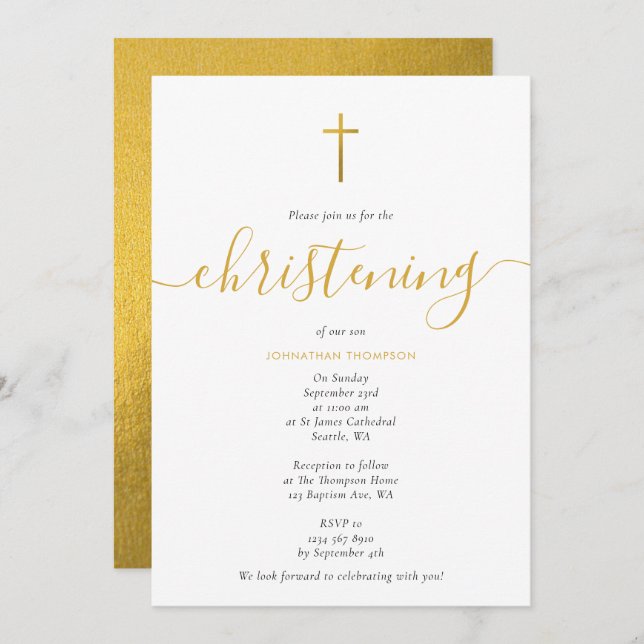 Minimalist Gold Script Baptism Christening  Invitation (Front/Back)