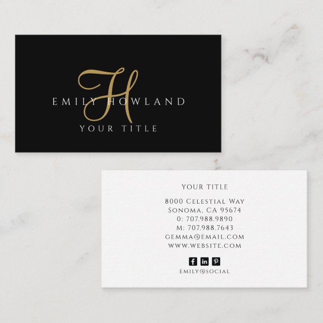 Minimalist Gold Script Monogram Name Black Business Card (Front/Back)