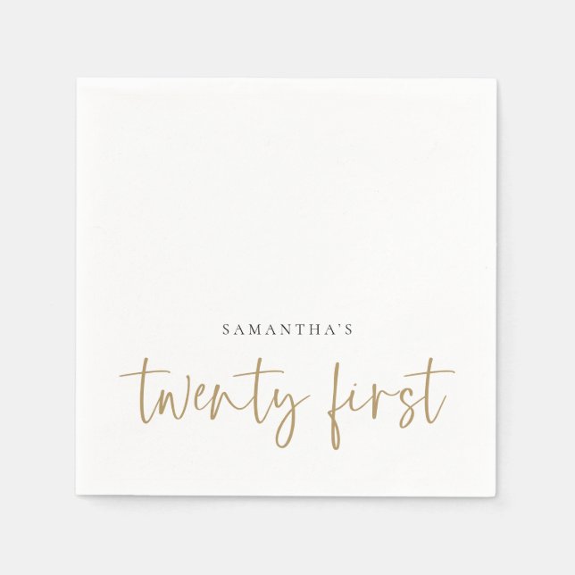 Minimalist Gold Script Name Twenty First Napkin (Front)