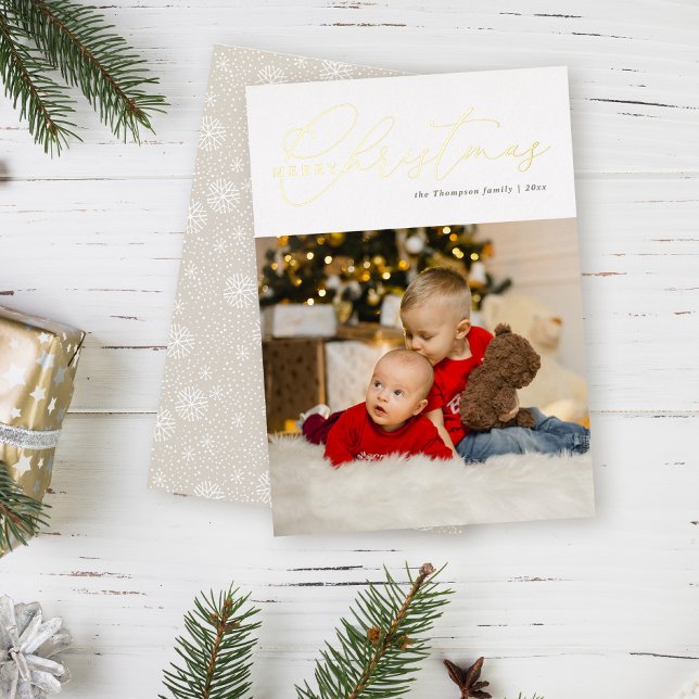Minimalist Gold Script Photo Merry Christmas Foil Holiday Card (Creator Uploaded)