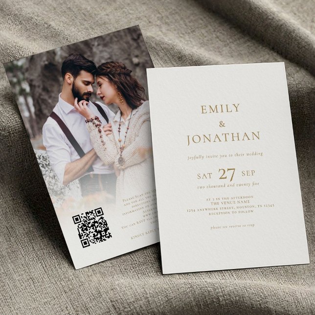 Minimalist Gold Script Photo Overlay QR Wedding Invitation (front and back view)
