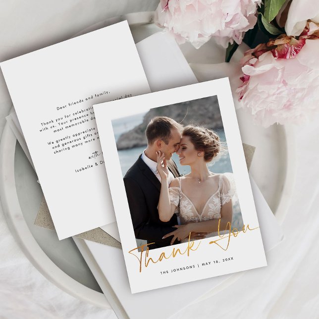 Minimalist Gold Script Photo Wedding Thank You Card (Creator Uploaded)
