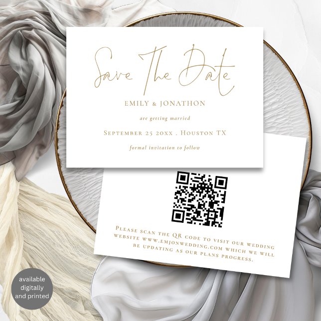 Minimalist Gold Script QR Code Save The Date (Front and back view)
