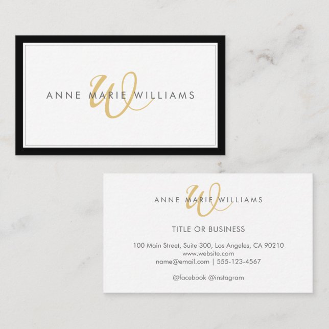 Minimalist Gold Script Two Border Monogram Business Card (Front/Back)