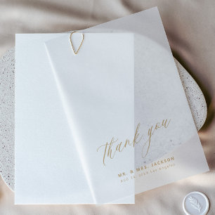 Minimalist gold script wedding thank you overlay vellum invitations