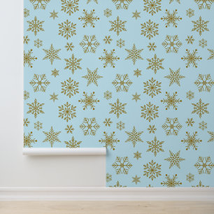 Minimalist Gold Snowflake Sky Blue Pattern Wallpaper