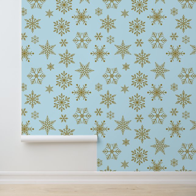 Minimalist Gold Snowflake Sky Blue Pattern Wallpaper (Application)