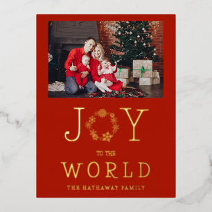 Minimalist Gold Snowflakes Joy To The World Family Foil Holiday Postcard