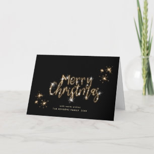 Minimalist Gold Sparkle Lights Black Christmas Holiday Card