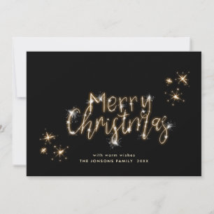 Minimalist Gold Sparkle Lights Black Christmas Holiday Card