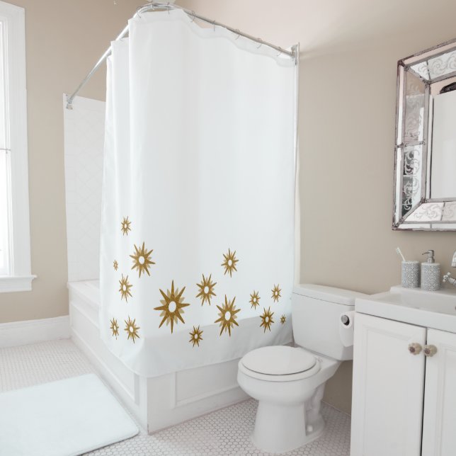 Minimalist Gold Starburst Design | White Shower Curtain (In Situ)