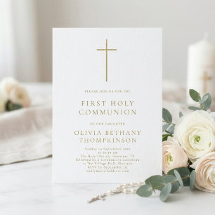 Minimalist Gold Text Cross First Holy Communion Invitation