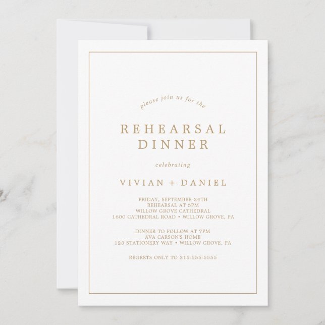 Minimalist Gold Typography Rehearsal Dinner Invitation (Front)