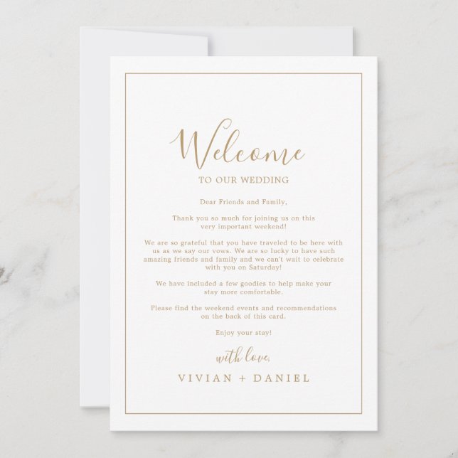 Minimalist Gold Wedding Welcome Letter & Itinerary (Front)